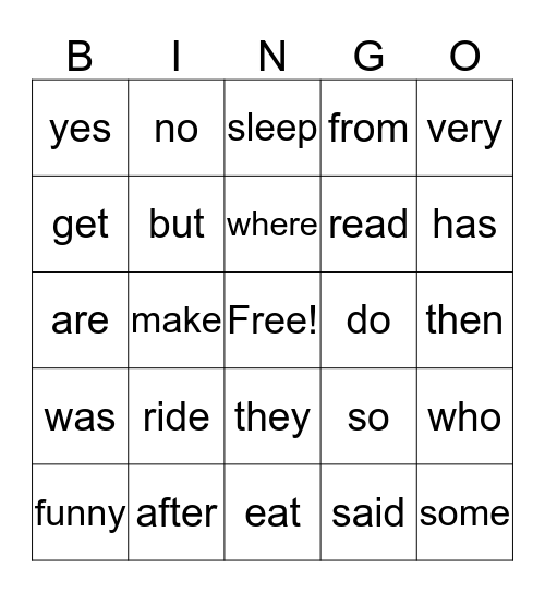 sight words Bingo Card