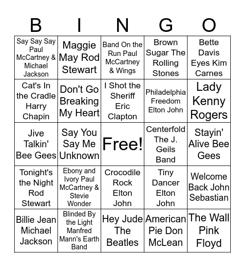 70's & 80's Bingo Card