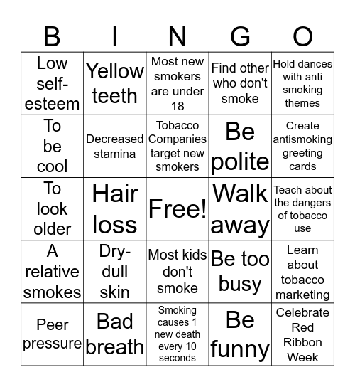 Smoking Prevention Bingo Card