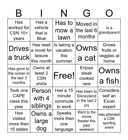 SPEED BINGO Card