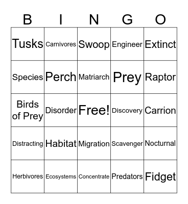 Vocabulary Bingo Card