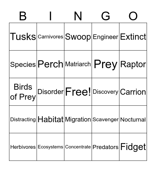 Vocabulary Bingo Card