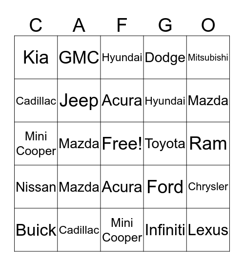 CAF Vehicle Bingo  Bingo Card