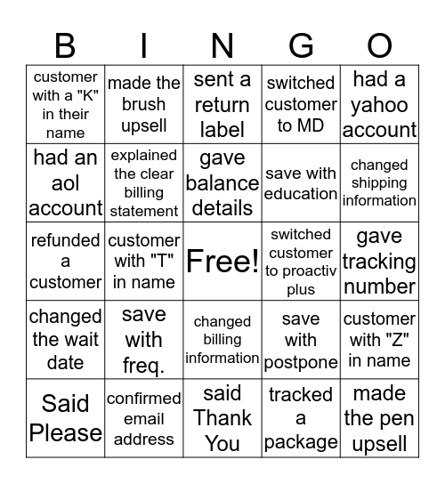 Proactiv Bingo Card