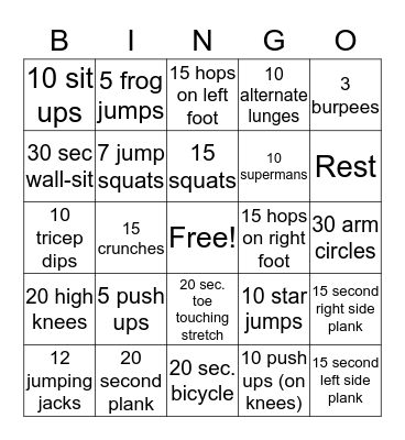 Fitness Bingo Card