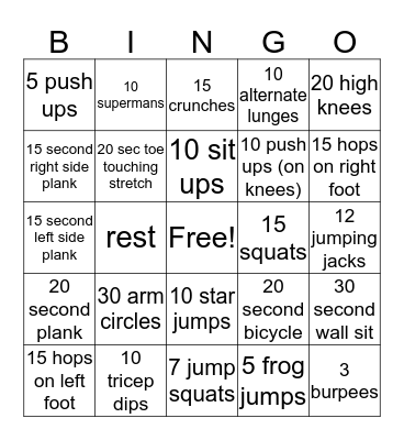 Fitness Bingo Card