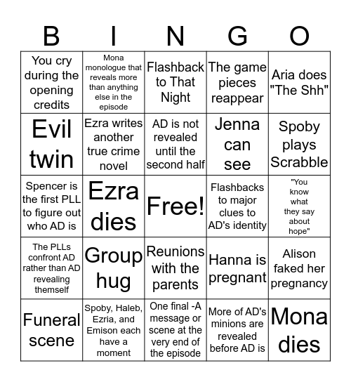 PLL Series Finale Bingo Card