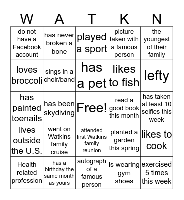 Watkins Family Reunion 2017 Bingo Card
