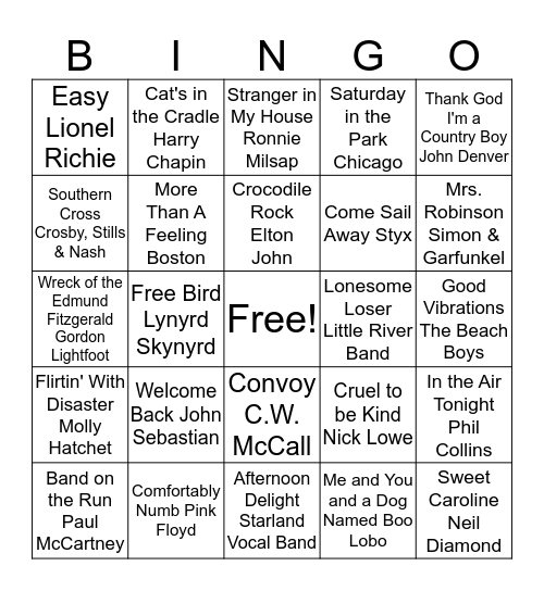 70's Music BINGO Card