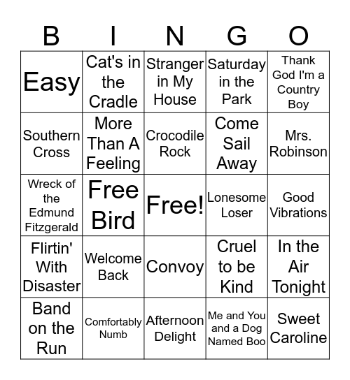 70's Music Bingo Card