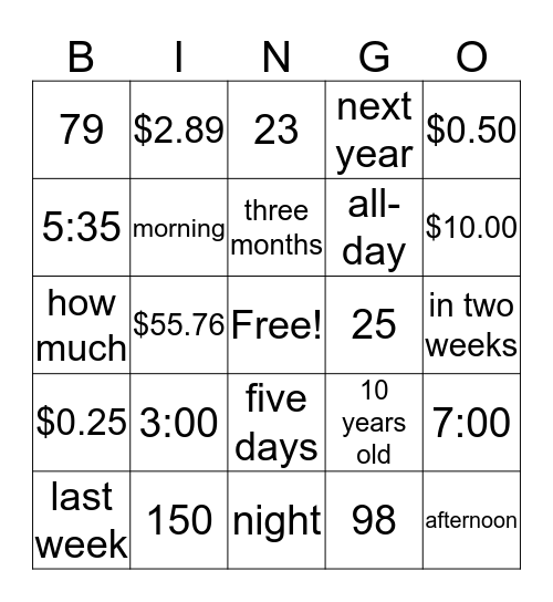 Numbers Bingo Card