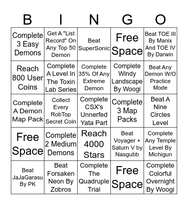 Geometry Dash Bingo Card