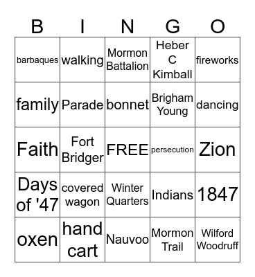 Pioneer Day  Bingo Card