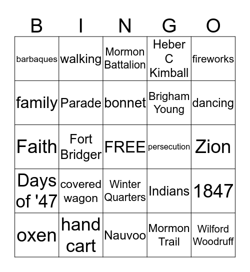 Pioneer Day  Bingo Card