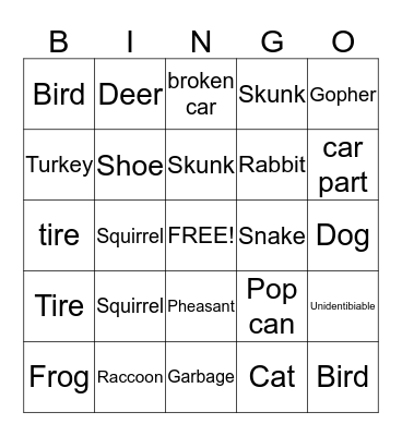 Road Kill Bingo Card
