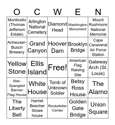 LANDMARKS & HISTORICAL SITES Bingo Card