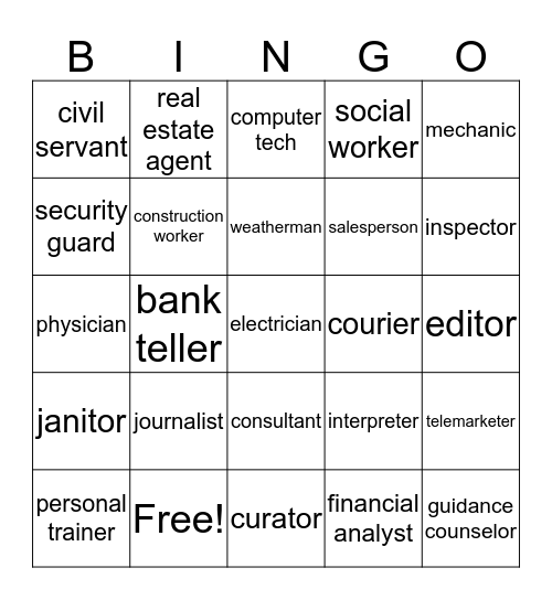 Occupations Bingo Card