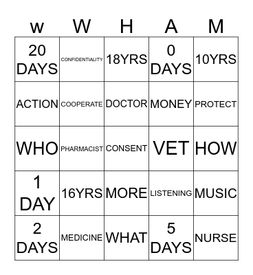 WWHAM Questioning Bingo Card