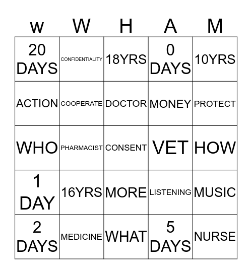 WWHAM Questioning Bingo Card