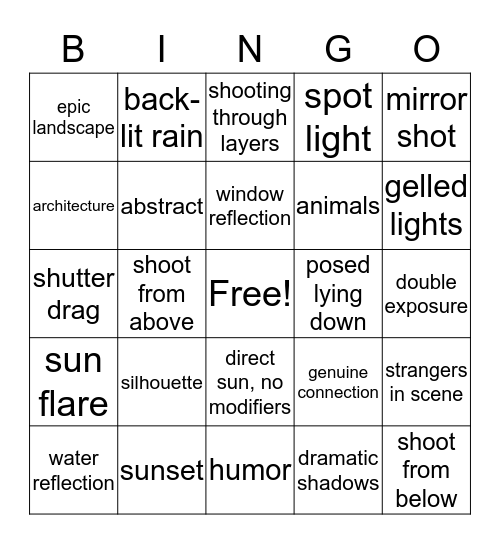 Wedding Photography Bingo Card