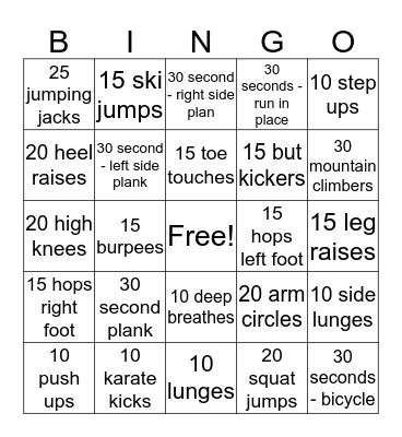 Fitness Bingo  Bingo Card