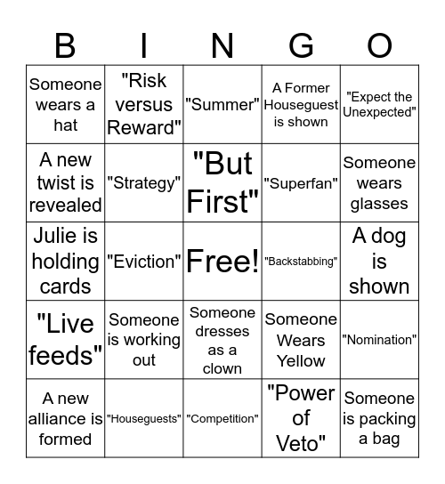 Big Brother 19 Bingo Card