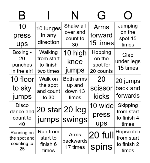 Fitness Club Bingo! Bingo Card