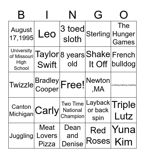 Gracie Gold Bingo Card