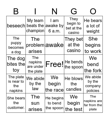 First Verbs Bingo Card