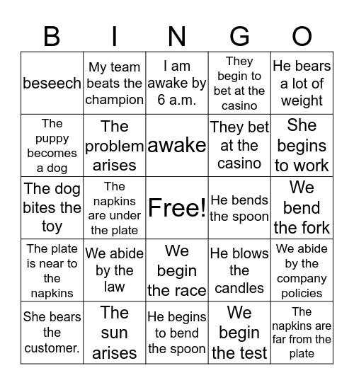 First Verbs Bingo Card