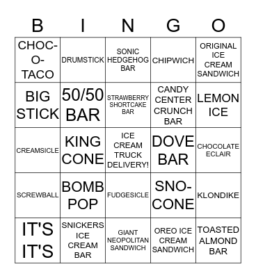 I SCREAM FOR ICE CREAM Bingo Card