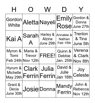 Howdy White Family Bingo Card