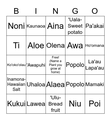 La'au Lapa'au Bingo Card