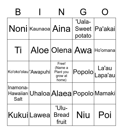 La'au Lapa'au Bingo Card