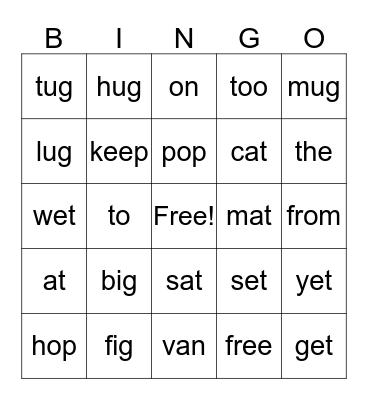 Spelling List 1 Bingo Card