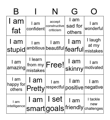 Self-Esteem Bingo Card