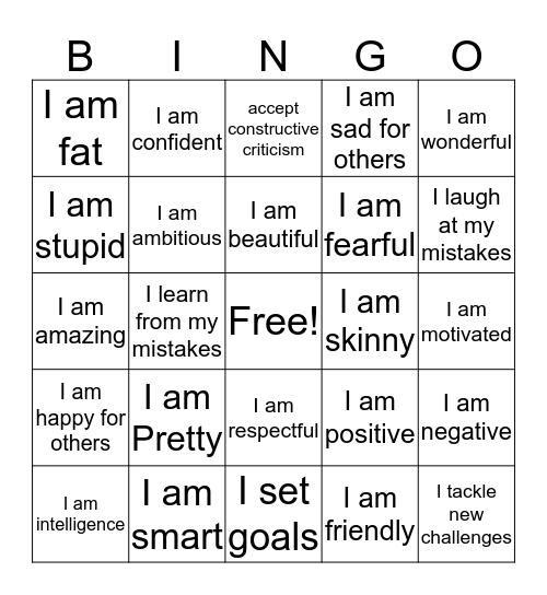 Self-Esteem Bingo Card