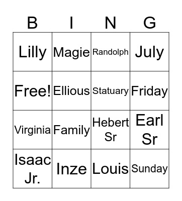 Robinson Family Bingo Card