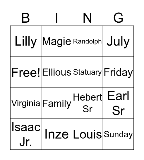 Robinson Family Bingo Card