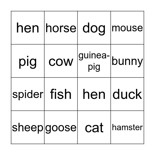 ANIMAL BINGO  Bingo Card