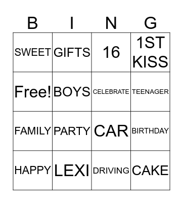 HAPPY SWEET 16 LEXI Bingo Card