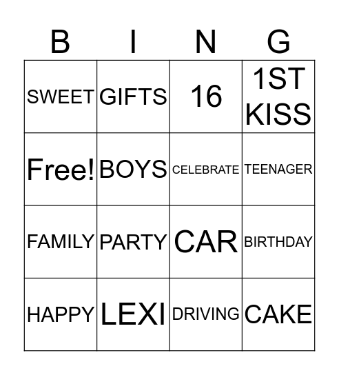 HAPPY SWEET 16 LEXI Bingo Card