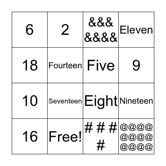 Number Bingo Card