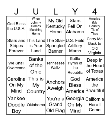 4th of July Song Bingo Card