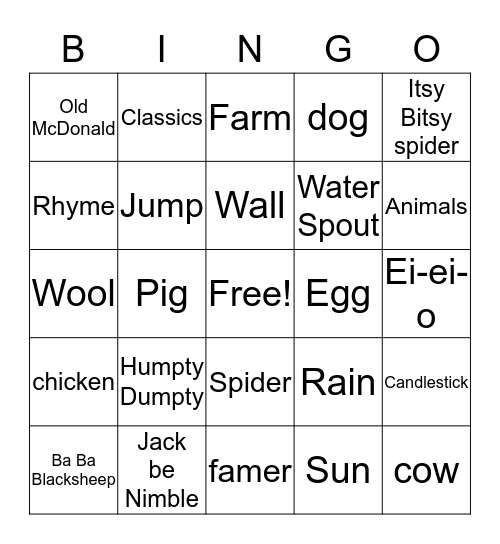 Nursery Rhymes and Classics Bingo Card