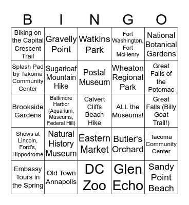 FUN in DC Area BINGO! WOOHOO! Bingo Card