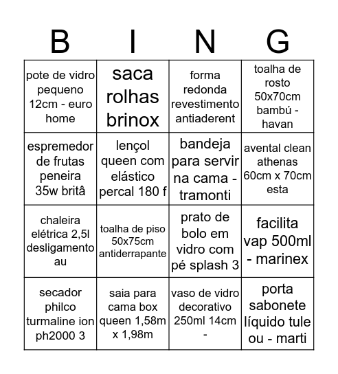 Chá da Carol Bingo Card