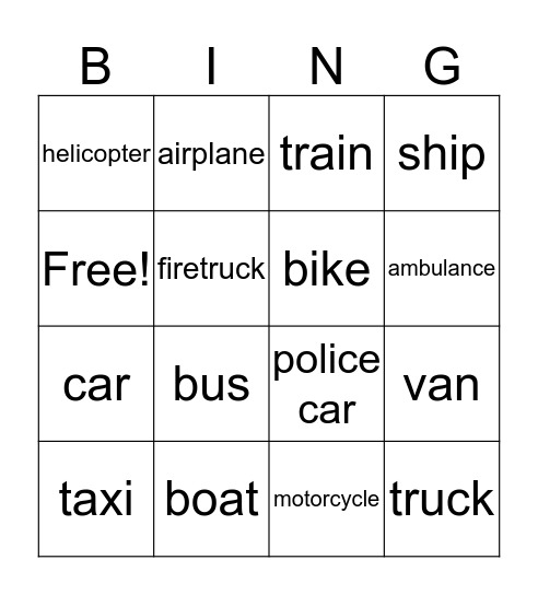 Transportation Bingo Card