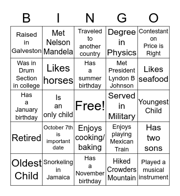 Howard Family Reunion Bingo Card