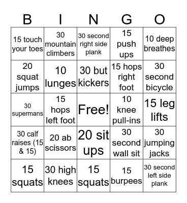 Fitness Bingo Card